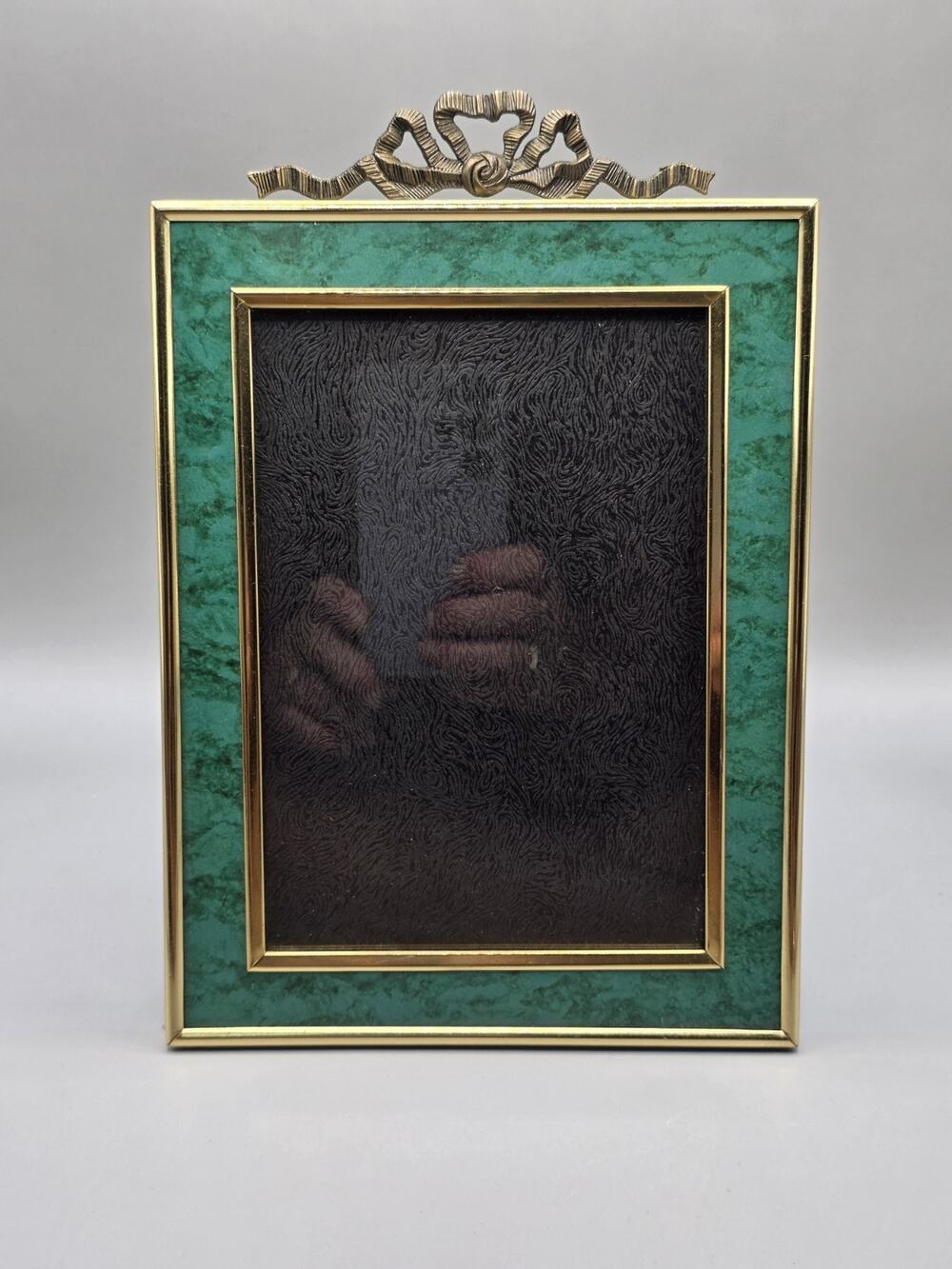 Vintage Burnes of Boston Brass & Faux Malachite Picture Frame Green Bow Top